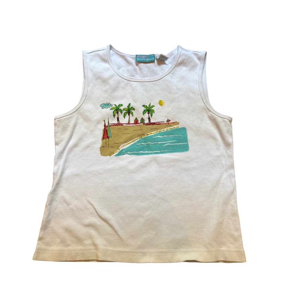 Onque Casuals Tank Top‎ Womens White Embroidered Beach Palm Tree Vintage SIZE M